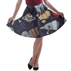 Hand-drawn-pattern-space-elements-collection A-line Skater Skirt