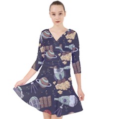 Hand-drawn-pattern-space-elements-collection Quarter Sleeve Front Wrap Dress