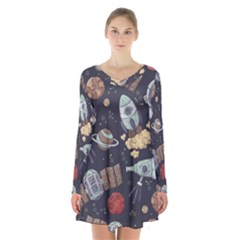 Hand-drawn-pattern-space-elements-collection Long Sleeve Velvet V-neck Dress