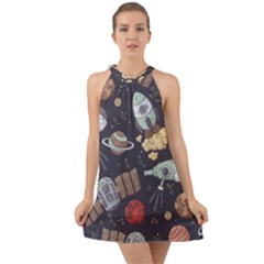 Hand-drawn-pattern-space-elements-collection Halter Tie Back Chiffon Dress