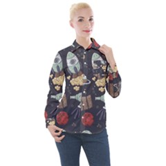 Hand-drawn-pattern-space-elements-collection Women s Long Sleeve Pocket Shirt