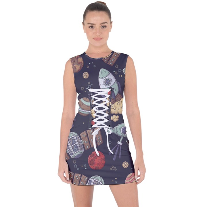 Hand-drawn-pattern-space-elements-collection Lace Up Front Bodycon Dress