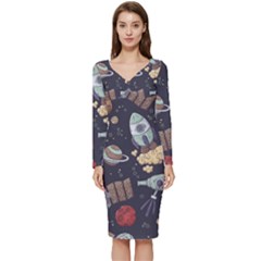 Hand-drawn-pattern-space-elements-collection Long Sleeve V-neck Bodycon Dress 