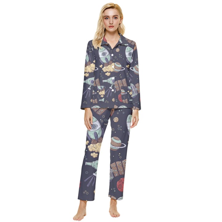 Hand-drawn-pattern-space-elements-collection Womens  Long Sleeve Velvet Pocket Pajamas Set