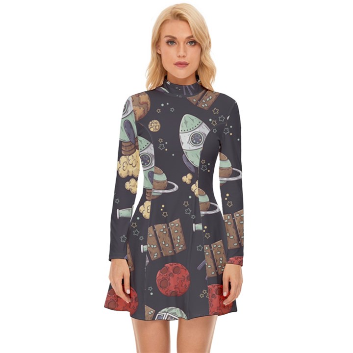 Hand-drawn-pattern-space-elements-collection Long Sleeve Velour Longline Dress