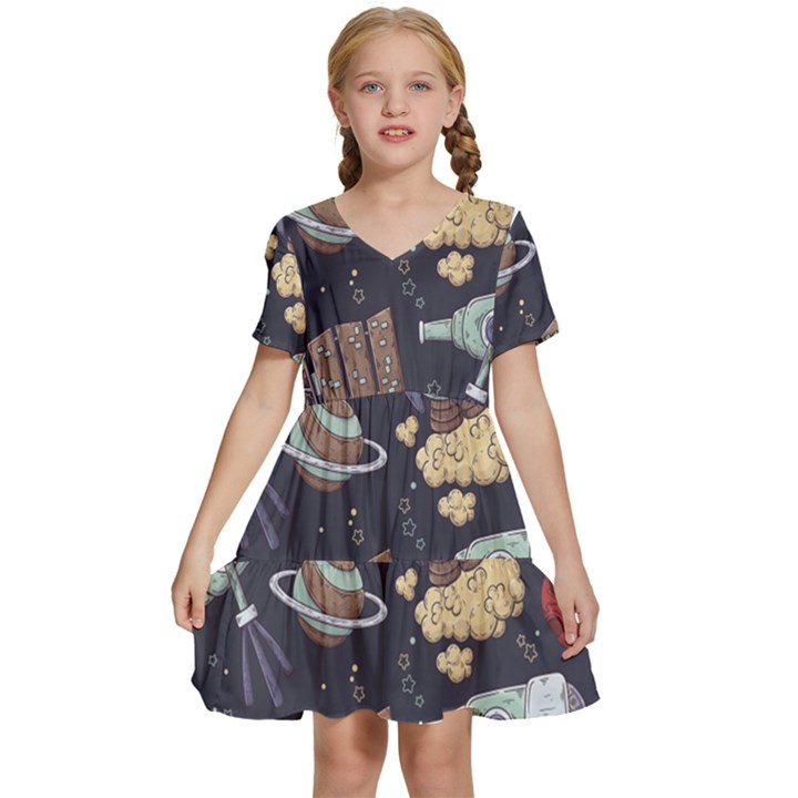 Hand-drawn-pattern-space-elements-collection Kids  Short Sleeve Tiered Mini Dress