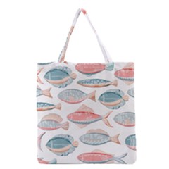 Hand-drawn-seamless-pattern-with-cute-fishes-doodle-style-pink-blue-colors Grocery Tote Bag by Jancukart