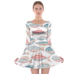 Hand-drawn-seamless-pattern-with-cute-fishes-doodle-style-pink-blue-colors Long Sleeve Skater Dress