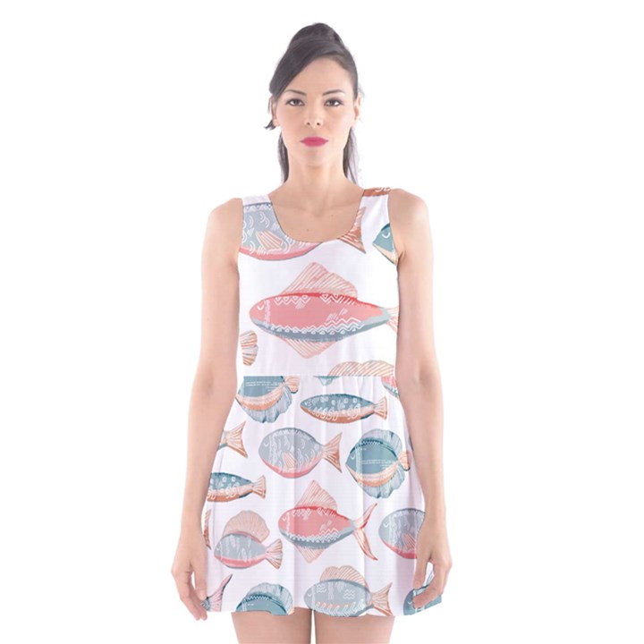 Hand-drawn-seamless-pattern-with-cute-fishes-doodle-style-pink-blue-colors Scoop Neck Skater Dress