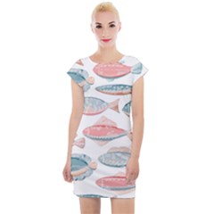 Hand-drawn-seamless-pattern-with-cute-fishes-doodle-style-pink-blue-colors Cap Sleeve Bodycon Dress