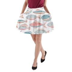 Hand-drawn-seamless-pattern-with-cute-fishes-doodle-style-pink-blue-colors A-line Pocket Skirt