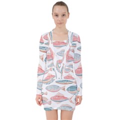 Hand-drawn-seamless-pattern-with-cute-fishes-doodle-style-pink-blue-colors V-neck Bodycon Long Sleeve Dress by Jancukart