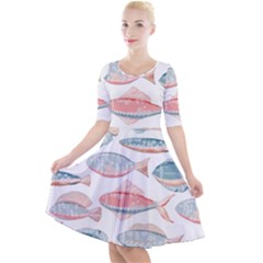 Hand-drawn-seamless-pattern-with-cute-fishes-doodle-style-pink-blue-colors Quarter Sleeve A-line Dress