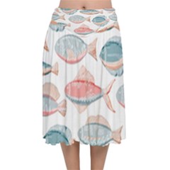 Hand-drawn-seamless-pattern-with-cute-fishes-doodle-style-pink-blue-colors Velvet Flared Midi Skirt