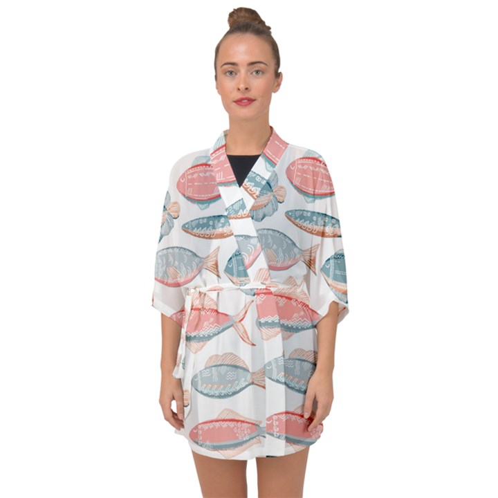 Hand-drawn-seamless-pattern-with-cute-fishes-doodle-style-pink-blue-colors Half Sleeve Chiffon Kimono