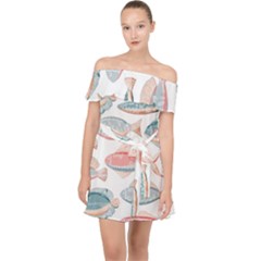 Hand-drawn-seamless-pattern-with-cute-fishes-doodle-style-pink-blue-colors Off Shoulder Chiffon Dress