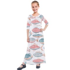 Hand-drawn-seamless-pattern-with-cute-fishes-doodle-style-pink-blue-colors Kids  Quarter Sleeve Maxi Dress