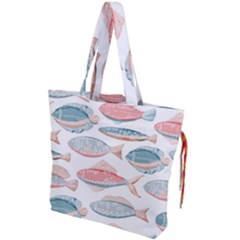 Hand-drawn-seamless-pattern-with-cute-fishes-doodle-style-pink-blue-colors Drawstring Tote Bag by Jancukart