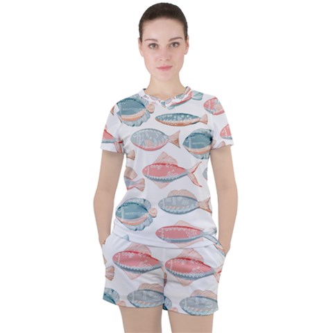 Hand-drawn-seamless-pattern-with-cute-fishes-doodle-style-pink-blue-colors Women s Tee And Shorts Set by Jancukart