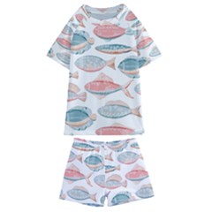 Hand-drawn-seamless-pattern-with-cute-fishes-doodle-style-pink-blue-colors Kids  Swim Tee And Shorts Set