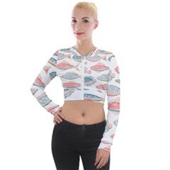 Hand-drawn-seamless-pattern-with-cute-fishes-doodle-style-pink-blue-colors Long Sleeve Cropped Velvet Jacket