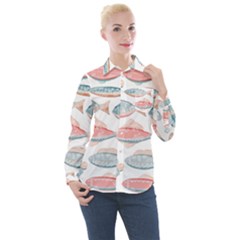 Hand-drawn-seamless-pattern-with-cute-fishes-doodle-style-pink-blue-colors Women s Long Sleeve Pocket Shirt