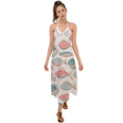 Hand-drawn-seamless-pattern-with-cute-fishes-doodle-style-pink-blue-colors Halter Tie Back Dress 