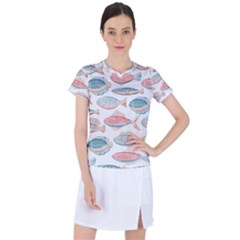 Hand-drawn-seamless-pattern-with-cute-fishes-doodle-style-pink-blue-colors Women s Sports Top