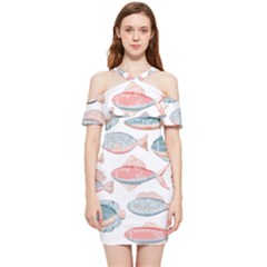 Hand-drawn-seamless-pattern-with-cute-fishes-doodle-style-pink-blue-colors Shoulder Frill Bodycon Summer Dress