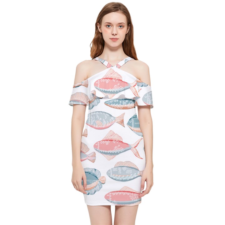 Hand-drawn-seamless-pattern-with-cute-fishes-doodle-style-pink-blue-colors Shoulder Frill Bodycon Summer Dress