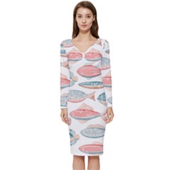 Hand-drawn-seamless-pattern-with-cute-fishes-doodle-style-pink-blue-colors Long Sleeve V-neck Bodycon Dress  by Jancukart