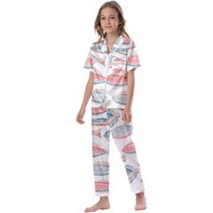 Hand-drawn-seamless-pattern-with-cute-fishes-doodle-style-pink-blue-colors Kids  Satin Short Sleeve Pajamas Set