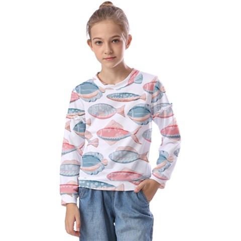 Hand-drawn-seamless-pattern-with-cute-fishes-doodle-style-pink-blue-colors Kids  Long Sleeve Tee With Frill  by Jancukart