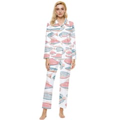 Hand-drawn-seamless-pattern-with-cute-fishes-doodle-style-pink-blue-colors Womens  Long Sleeve Velvet Pocket Pajamas Set