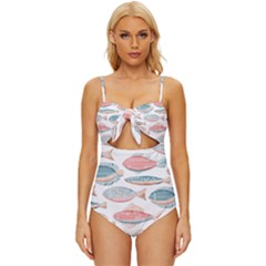 Hand-drawn-seamless-pattern-with-cute-fishes-doodle-style-pink-blue-colors Knot Front One-piece Swimsuit