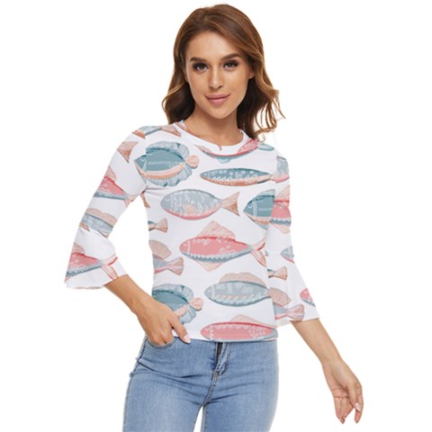 Hand-drawn-seamless-pattern-with-cute-fishes-doodle-style-pink-blue-colors Bell Sleeve Top by Jancukart