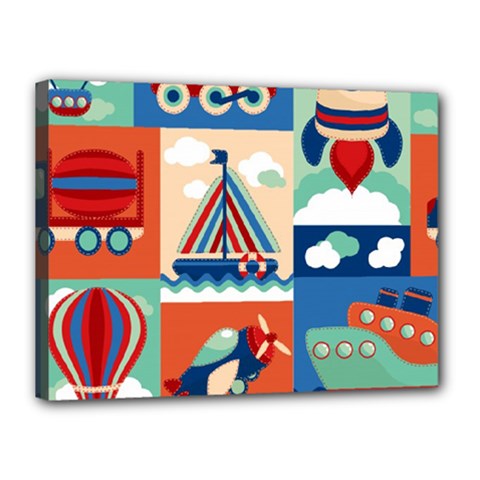 Toy-transport-cartoon-seamless-pattern-with-airplane-aerostat-sail-yacht-vector-illustration Canvas 16  X 12  (stretched) by Jancukart