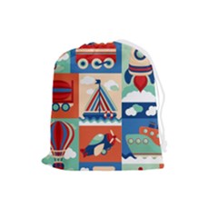 Toy-transport-cartoon-seamless-pattern-with-airplane-aerostat-sail-yacht-vector-illustration Drawstring Pouch (large)