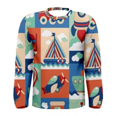 Toy-transport-cartoon-seamless-pattern-with-airplane-aerostat-sail-yacht-vector-illustration Men s Long Sleeve Tee