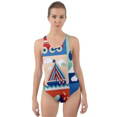 Toy-transport-cartoon-seamless-pattern-with-airplane-aerostat-sail-yacht-vector-illustration Cut-out Back One Piece Swimsuit