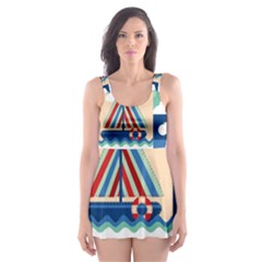 Toy-transport-cartoon-seamless-pattern-with-airplane-aerostat-sail-yacht-vector-illustration Skater Dress Swimsuit