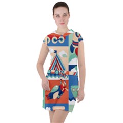 Toy-transport-cartoon-seamless-pattern-with-airplane-aerostat-sail-yacht-vector-illustration Drawstring Hooded Dress