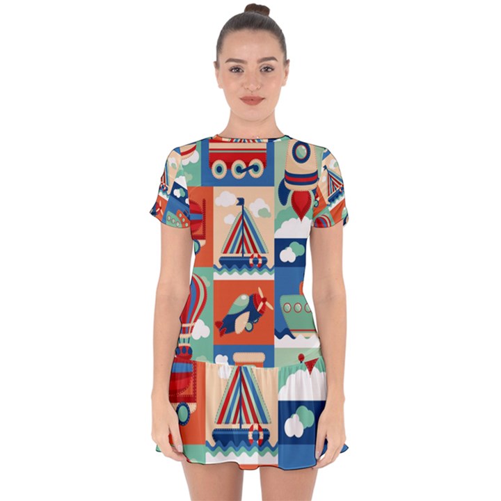 Toy-transport-cartoon-seamless-pattern-with-airplane-aerostat-sail-yacht-vector-illustration Drop Hem Mini Chiffon Dress