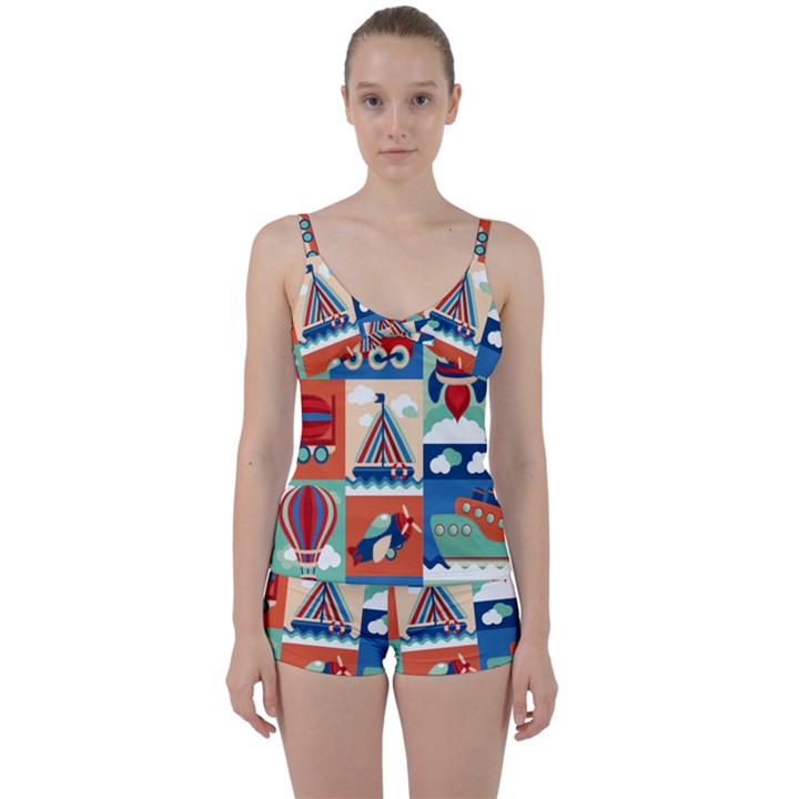 Toy-transport-cartoon-seamless-pattern-with-airplane-aerostat-sail-yacht-vector-illustration Tie Front Two Piece Tankini