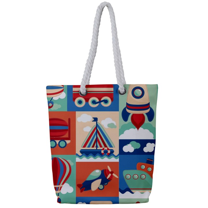 Toy-transport-cartoon-seamless-pattern-with-airplane-aerostat-sail-yacht-vector-illustration Full Print Rope Handle Tote (Small)