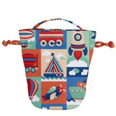 Toy-transport-cartoon-seamless-pattern-with-airplane-aerostat-sail-yacht-vector-illustration Drawstring Bucket Bag by Jancukart