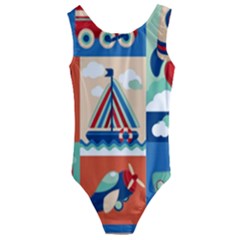 Toy-transport-cartoon-seamless-pattern-with-airplane-aerostat-sail-yacht-vector-illustration Kids  Cut-out Back One Piece Swimsuit