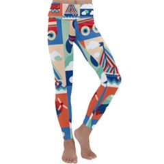 Toy-transport-cartoon-seamless-pattern-with-airplane-aerostat-sail-yacht-vector-illustration Kids  Lightweight Velour Classic Yoga Leggings