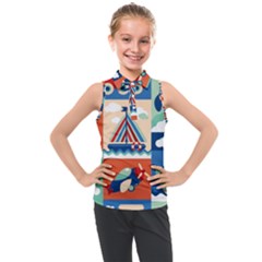 Toy-transport-cartoon-seamless-pattern-with-airplane-aerostat-sail-yacht-vector-illustration Kids  Sleeveless Polo Tee