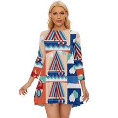 Toy-transport-cartoon-seamless-pattern-with-airplane-aerostat-sail-yacht-vector-illustration Long Sleeve Babydoll Dress